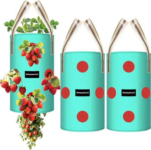 Miniatura 10 de Paquete de 3 bolsas colgantes de fresas, bolsas de cultivo colgantes de 1 galón con agujero de plantación inferior, maceta de fresa de polietileno