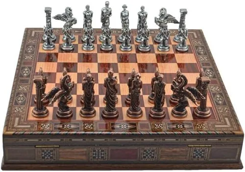 Juego de ajedrez de metal pegaso mitológico medio de cobre antiguo para adultos, piezas hechas a mano y tablero de ajedrez de madera maciza natural