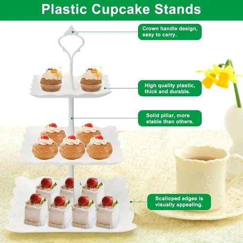 Miniatura 6 de Coitak Soporte para cupcakes de 3 niveles, soporte de plástico escalonado, bandeja cuadrada para postres para fiestas de té, cumpleaños y bodas