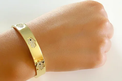 Miniatura 7 de LESLIE BOULES Pulsera de mano Hamsa chapada en oro de 18 quilates para mujer, joyería de moda