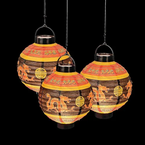 Miniatura 2 de Fun Express Juego de 3 linternas chinas colgantes de papel iluminado Dragon Print Design, Chinese New Year Party Decor