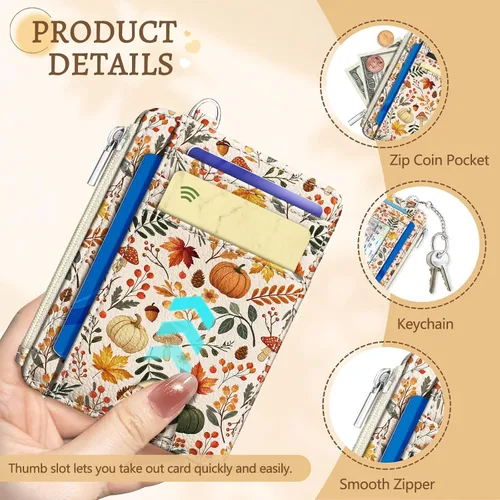 Miniatura 6 de Kelvoris Tarjetero pequeño para mujer, cartera delgada con bloqueo RFID, llavero con bolsillo para monedas con cremallera, bolsillo frontal