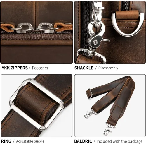 Miniatura 6 de Augus - Maletín de cuero para hombre de 16 pulgadas, bolso de hombro para laptop con correa de equipaje 100% full-grain leather, YKK zip, fits