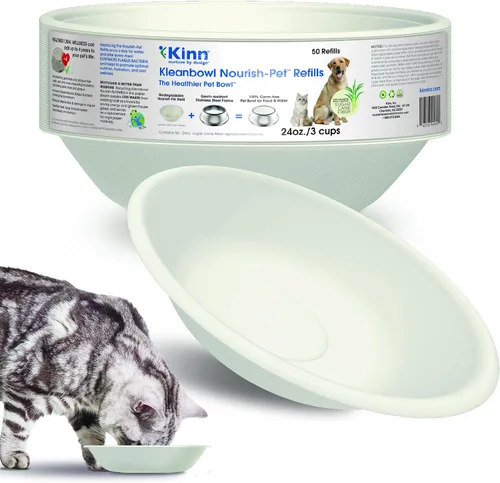 Kinn Whisker Fatigue - Cuenco para gatos compostable y desechable para alimentos o agua, 24 onzas (50 repuestos), plato para gatos apto para bigotes