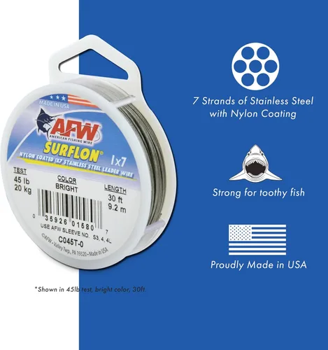 Miniatura 2 de Alambre de pesca americano Surflon recubierto de nailon 1x7 de acero inoxidable, línea líder de pesca para agua salada, prueba de 10 libras - prueba