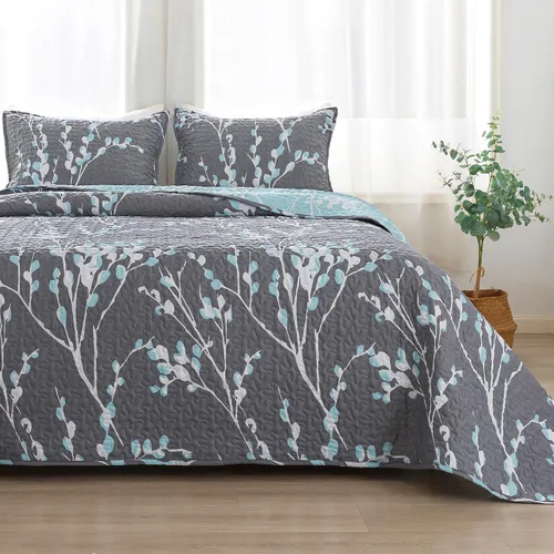 Andency Edredón tamaño King gris azul (106 x 96 pulgadas), juego de ropa de cama ligero floral de 3 piezas, colcha acolchada de microfibra