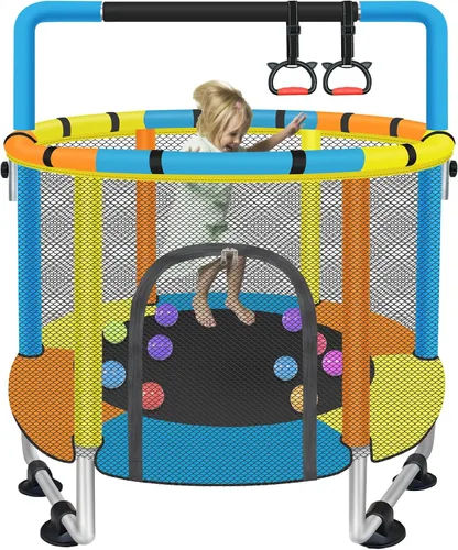 Trampolín para niños de 1 a 8 años, trampolín pequeño de 55 pulgadas con red de seguridad y barra de gimnasia ajustable, mini trampolines para bebés