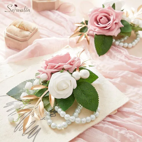 Miniatura 7 de Serwalin Conjunto de Corsage y Boutonniere Rosa, Corsage y Boutonniere de Graduación, Conjunto de Flores de Boda, Accesorios de Homecoming