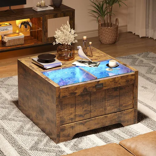Miniatura 6 de Bestier Mesa de centro de granja de 31.5 pulgadas con almacenamiento, mesas de centro cuadradas LED para sala de estar, mesa central de madera