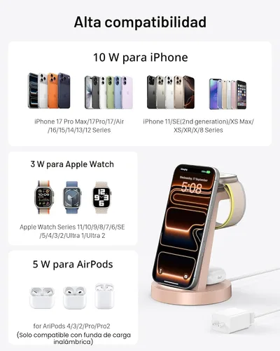 Miniatura 4 de Estación de carga 3 en 1 para iPhone, cargador inalámbrico para iPhone 17 16e 16 15 14 13 12 11 X Pro Max y Apple Watch - Base de carga para AirPods