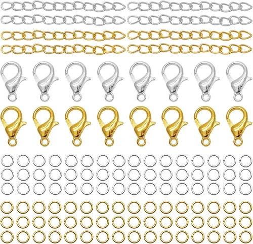 100 cierres de pinza de langosta y 100 cadenas extensoras con 100 anillos de salto abiertos, anillos de extensión extraíbles para collares,
