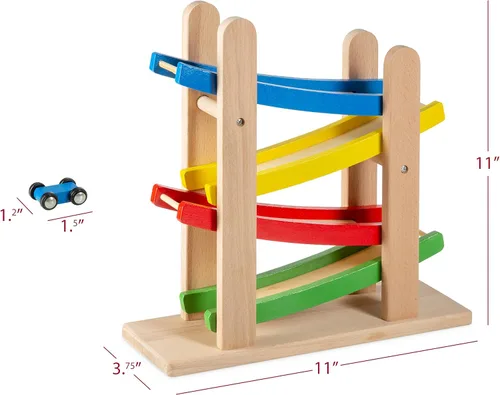 Miniatura 6 de Play22 Rampas de madera para autos de carrera, 4 niveles, pista de carreras incluye 4 autos de juguete de madera, My First Baby Toys - El juego
