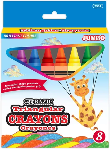 BAZIC Products Crayones triangulares jumbo de 8 colores, 8 unidades, crayones de cera de parafina, para niños, arte para colorear escolar, caja de 24