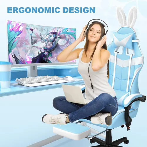 Miniatura 8 de Soontrans Silla de juegos azul claro con reposapiés, bonita silla de videojuegos de conejo, silla de escritorio Kawaii para nieta, hermana, novia