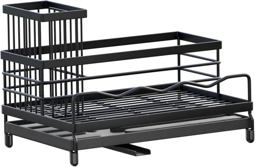 Miniatura 8 de Soporte de esponja para cocina, organizador de fregadero con soporte alto para cepillos y bandeja de drenaje rápido, boquilla giratoria de 360°