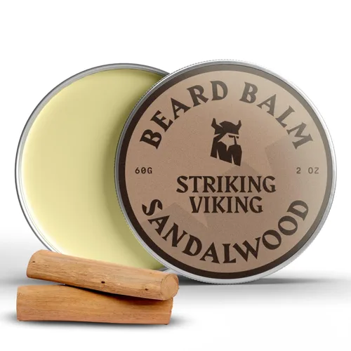 Striking Viking Bálsamo para barba para hombre, aroma de sándalo, 2 onzas, acondicionador para barba sin enjuague y bálsamo para peinar - Fabricado