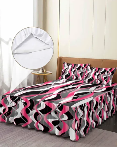 Miniatura 4 de Falda de cama rosa y negra para cama de tamaño Queen, falda de ropa de cama envolvente con volantes de polvo reunido con 2 paquetes de fundas