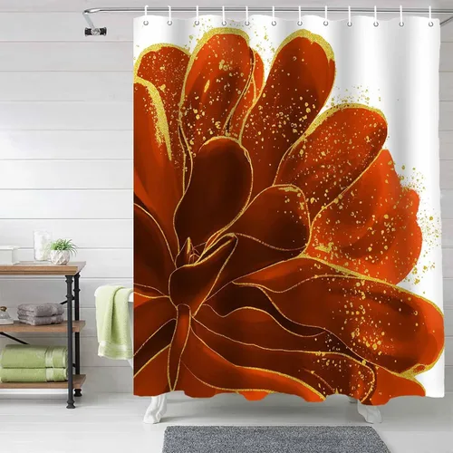 Juego de cortinas de ducha impermeables con diseño floral de color naranja quemado, estándar de 72 x 72 pulgadas, cortina de baño de tela de