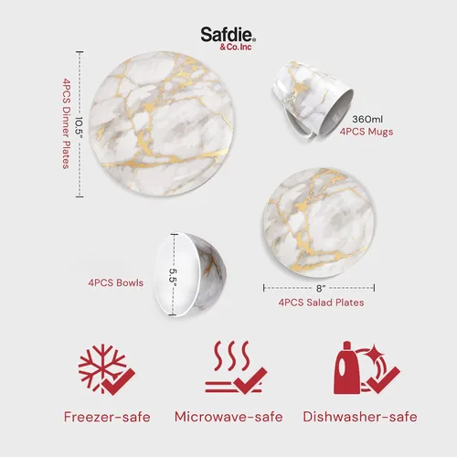 Miniatura 5 de Safdie & Co - Juego de vajilla de cerámica de porcelana de 16 piezas, diseño ligero, apilable, en acabado mármol dorado/gris dorado (Gold Marble)