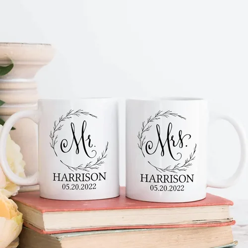 Miniatura 5 de Juego de tazas personalizadas de Mr & Mrs – Nombres personalizados, bodas, San Valentín, compromiso, regalos de despedida de soltera, tazas