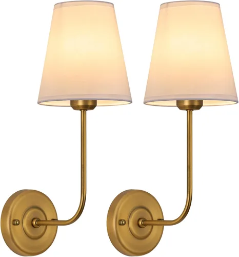 Miniatura 6 de Juego de 2 apliques de pared cableados con forma acampanada, brazo curvado de tela blanca y base de metal con acabado negro, perfecto
