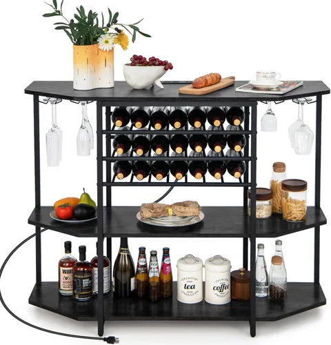 COSTWAY Armario para bar de vinos, gabinete de licor de 3 niveles con tomas de corriente, estantes para botellas de vino, soportes de vidrio, Gris