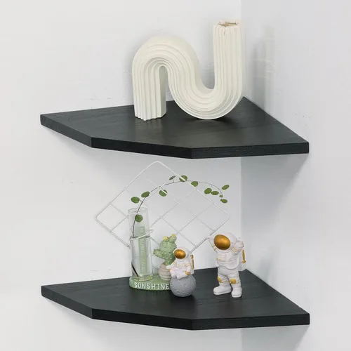 Miniatura 6 de Joiishom Juego de 2 estantes de esquina de madera maciza para pared, estantes flotantes de esquina de madera maciza para pared, estante esquinero