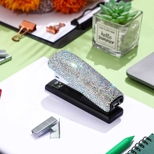 Miniatura 6 de Yexiya - Grapadora de colores AB para escritorio, con diamantes de imitación, regalo de regreso a clases, capacidad de 20 hojas con 1000 grapas