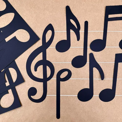 Miniatura 2 de 70 piezas de notas musicales negras recortadas decoraciones de fiesta musical en 7 diseños, cartulina fabricada en Estados Unidos, fácil de perforar