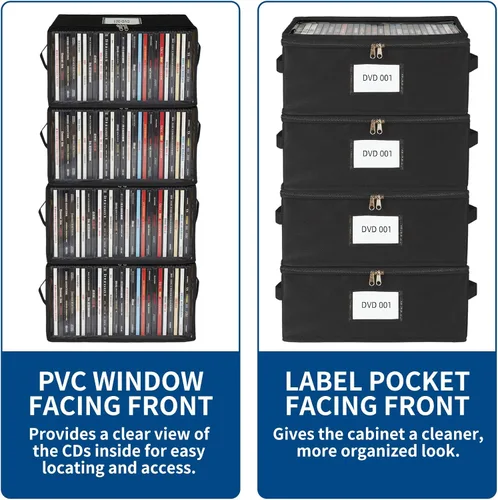 Miniatura 2 de Paquete de 2 cajas de almacenamiento de tela para DVD con tapa de PVC transparente, capacidad para 25 fundas de DVD estándar, tela no tejida