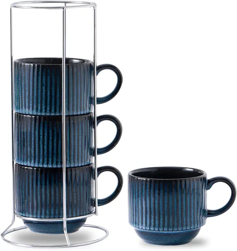 Miniatura 21 de Hasense Juego de tazas de café, juego de 4 tazas de té apilables con soporte - Juego de tazas grandes de cerámica acanaladas de 15 onzas para latte