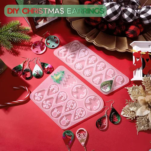 Miniatura 3 de 12 pares de aretes de Navidad, molde de resina de silicona con ganchos para aretes, molde de fundición para árbol de Navidad, alce, copo de nieve