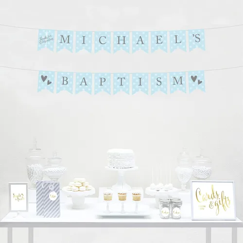 Miniatura 2 de Andaz Press Colección de bautismo de niño azul y gris, banderín colgante personalizado con cuerda, agradecimiento por celebrar el bautismo