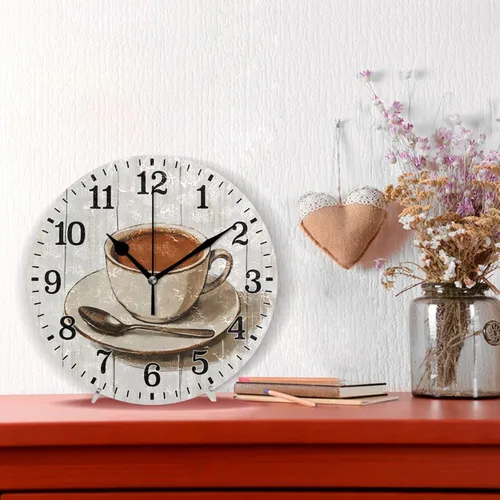 Miniatura 3 de JUNZAN Reloj de pared redondo marrón retro para tazas de café de 10 pulgadas, silencioso, para decoración de dormitorio, café
