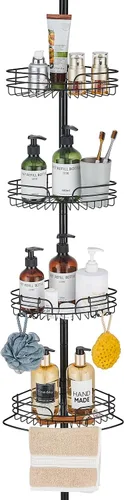WPT Soporte organizador de ducha negro para baño, organizador de ducha esquinero de acero inoxidable para almacenamiento de champú en la tina,