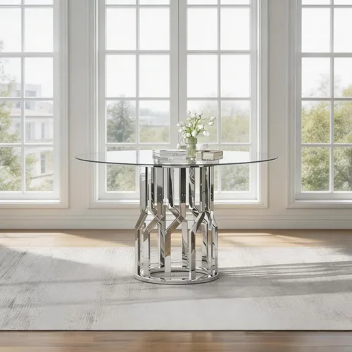 Miniatura 12 de 47.2" Round Glass Dining Table for 4-6, Round Glass Kitchen Table with Steel Legs, Modern Dining Table for Dining Room, Kitchen, Home, Cafe