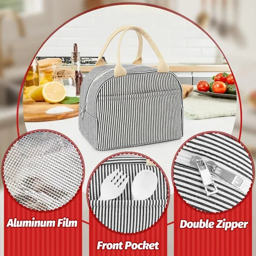 Miniatura 6 de Bolsa de almuerzo para mujer, lonchera térmica para viajes, trabajo, picnic, bolsas de almuerzo de gran capacidad para adultos (rayas negras)