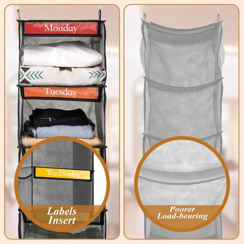Miniatura 4 de Amylove Paquete de 2 organizadores semanales de ropa de 6 estantes para niños con bolsillo lateral, organizador de ropa para días de la semana de 47