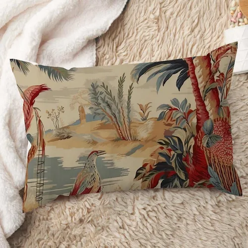 Miniatura 32 de ArogGeld Funda de cojín lumbar asiática de estilo chinoiserie, de lino marrón, pájaro y flor, funda de almohada asiática para sala de estar, A-6