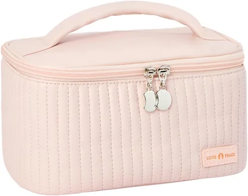 Miniatura 4 de Bolsa de maquillaje de viaje, estuche de cosméticos con soporte para brochas de maquillaje, organizador portátil de piel sintética para mujer, Café