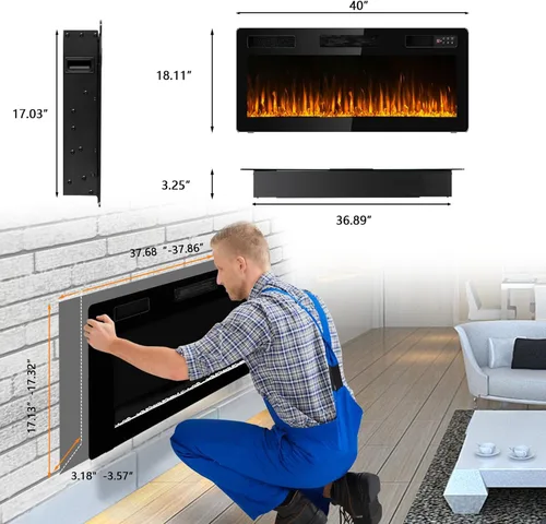 Miniatura 5 de BOSSIN - Chimenea eléctrica lineal ultradelgada y silenciosa de 42 pulgadas, chimenea empotrada y montada en pared, compatible con montantes de 2 x