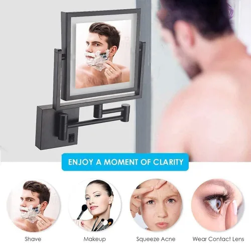 Miniatura 6 de Espejo de tocador LED de maquillaje, cuadrado de doble cara iluminado espejo cosmético montado en la pared, espejos de baño, cableados, negro, 8