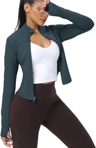 Miniatura 23 de AVGO Chaquetas de entrenamiento recortadas para mujer, con cremallera, ajustadas, atléticas, con agujeros para el pulgar
