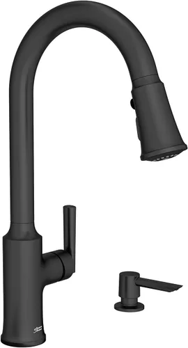 American Standard 7421300.243 Raviv - Grifo de cocina desplegable con rociador y dispensador de jabón, color negro mate