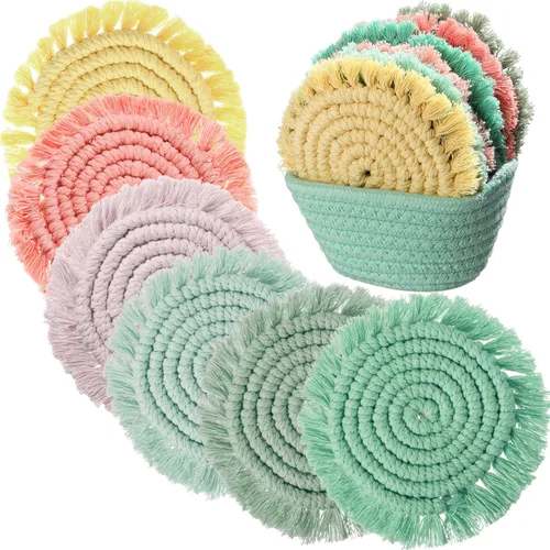 Miniatura 11 de Juego de 6 posavasos de algodón tejido bohemio absorbente con soporte para casa de campo, borla de macramé, regalo de inauguración de la casa