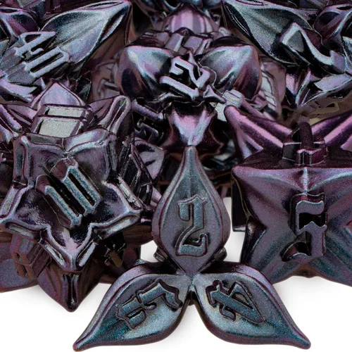 ARUOHHA juego de dados de metal DND diseño de hoja púrpura, juego de dados poliédricos con caja, 7 piezas de dados D y D para juegos de rol RPG D20