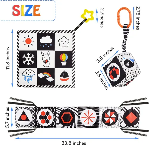 Miniatura 4 de SAMMAS 3 piezas de juguetes para bebés en blanco y negro de alto contraste de 0 a 6 meses para recién nacidos, libro blando sensorial para bebés