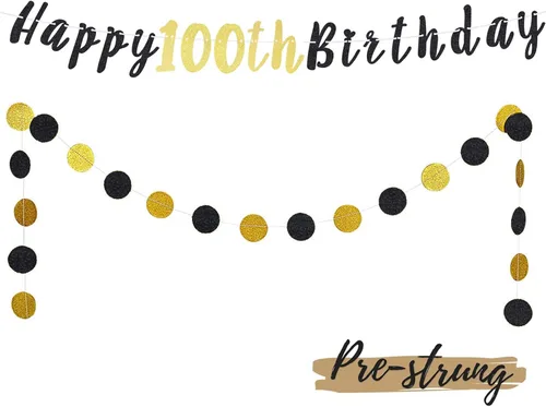 Juego de decoración de cumpleaños número 100 – Cartel de feliz cumpleaños número 100 con puntos circulares de purpurina negra y dorada que saluda a