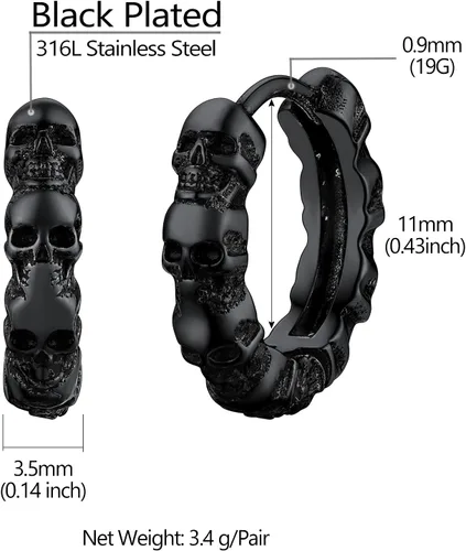 Miniatura 5 de Richsteel Aretes de calavera para mujer y hombre, góticos, de acero inoxidable, chapados en oronegro, pequeño aro punk de serpientedragón