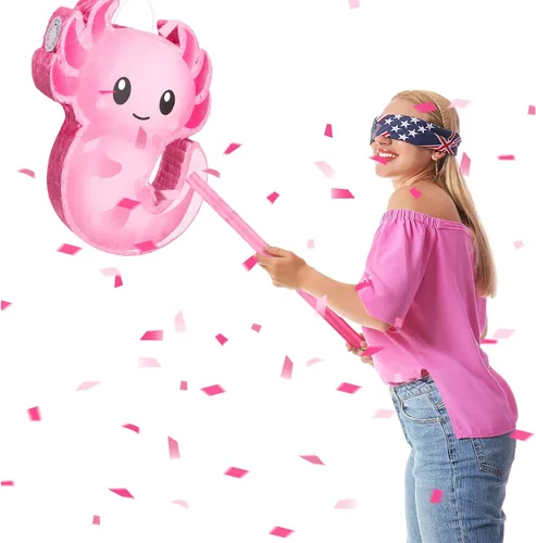 Miniatura 2 de Piñata de ajolote rosa para cumpleaños, fiesta de Navidad, piñata rosa con palo, confeti para Navidad, regalo de adultos, decoración de fiestas
